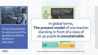 AI has the potential
to solve some of the
greatest problems
we face in
education
Source: UNESCO Institute of Statistics, Fact Sheet No.39 October 2016
In global terms,
The present model of one teacher
standing in front of a class of
20-30 pupils is unsustainable.
 
