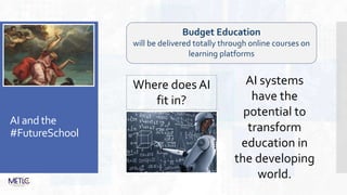 AI and the
#FutureSchool
Budget Education
will be delivered totally through online courses on
learning platforms
AI systems
have the
potential to
transform
education in
the developing
world.
Where does AI
fit in?
 