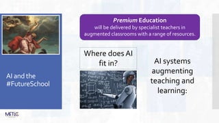 AI and the
#FutureSchool
Premium Education
will be delivered by specialist teachers in
augmented classrooms with a range of resources.
AI systems
augmenting
teaching and
learning:
Where does AI
fit in?
 