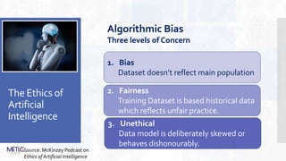 The Ethics of
Artificial
Intelligence
2. Fairness
Training Dataset is based historical data
which reflects unfair practice.
1. Bias
Dataset doesn’t reflect main population
3. Unethical
Data model is deliberately skewed or
behaves dishonourably.
Algorithmic Bias
Three levels of Concern
Source: McKinzey Podcast on
Ethics of Artificial Intelligence
 