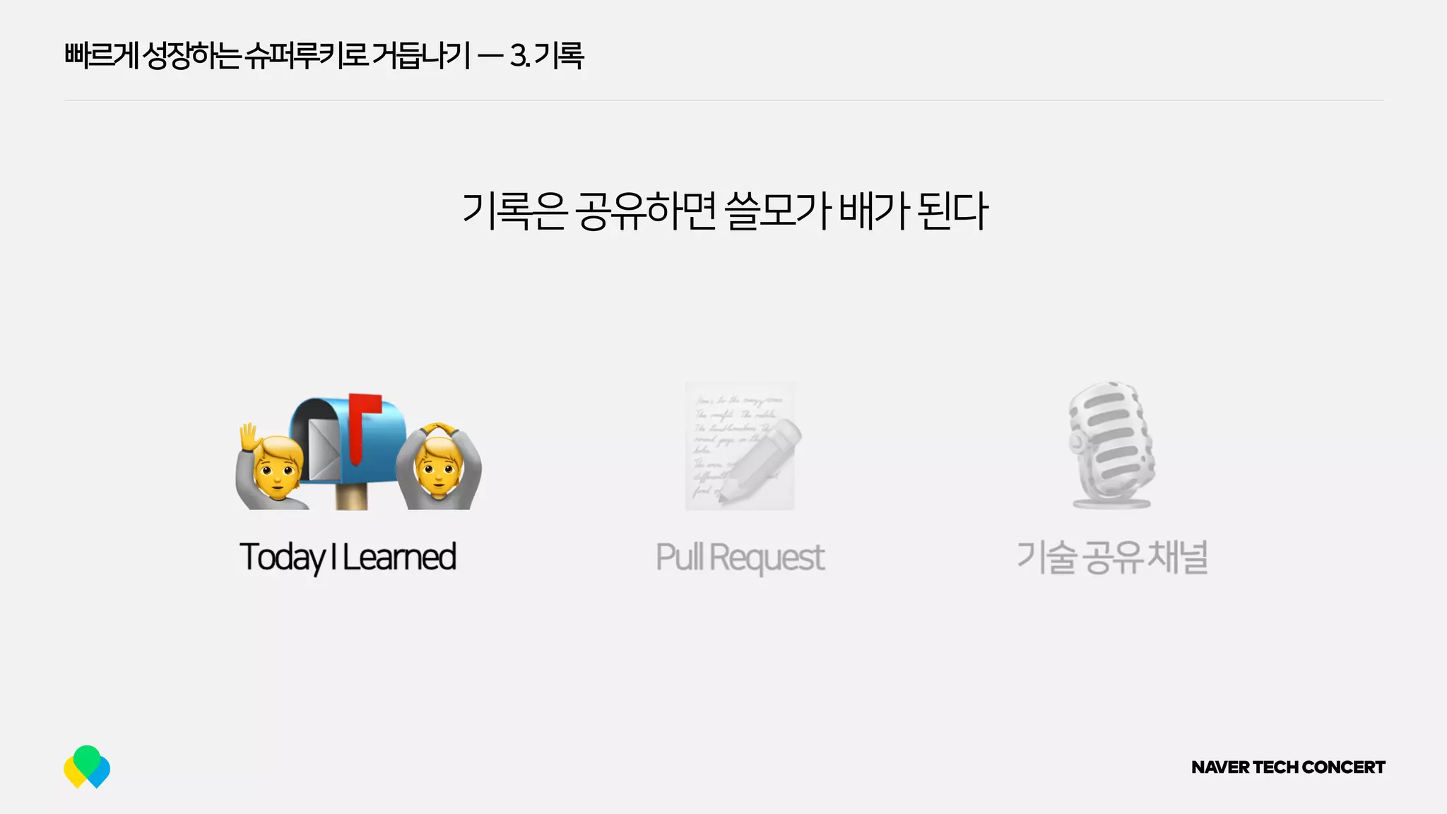 빠르게성장하는슈퍼루키로거듭나기 — 3.기록
기록은공유하면쓸모가배가된다
🙋 🙆
 