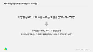 빠르게성장하는슈퍼루키로거듭나기 — 1.환경
다양한정보의‘키워드’를주워듣고일단킵해두기=“색인”
봉착한문제에해당‘키워드’가등장했을때,
심화지식까지찾아보고,문제상황에대입해서이해하고,해결책을모색하기
 