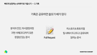 빠르게성장하는슈퍼루키로거듭나기 — 3.기록
기록은공유하면쓸모가배가된다
히스토리&튜토리얼
팀내에서두고두고공유되며
읽히는문서
분석과진단,의사결정과정
구현사례(코드)까지갖춘
완결성있는문서
 