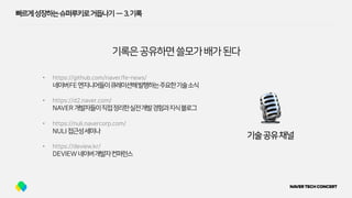 빠르게성장하는슈퍼루키로거듭나기 — 3.기록
기록은공유하면쓸모가배가된다
• https://github.com/naver/fe-news/
네이버FE엔지니어들이큐레이션해발행하는주요한기술소식
• https://d2.naver.com/
NAVER개발자들이직접정리한실전개발경험과지식블로그
• https://nuli.navercorp.com/
NULI접근성세미나
• https://deview.kr/
DEVIEW네이버개발자컨퍼런스
 