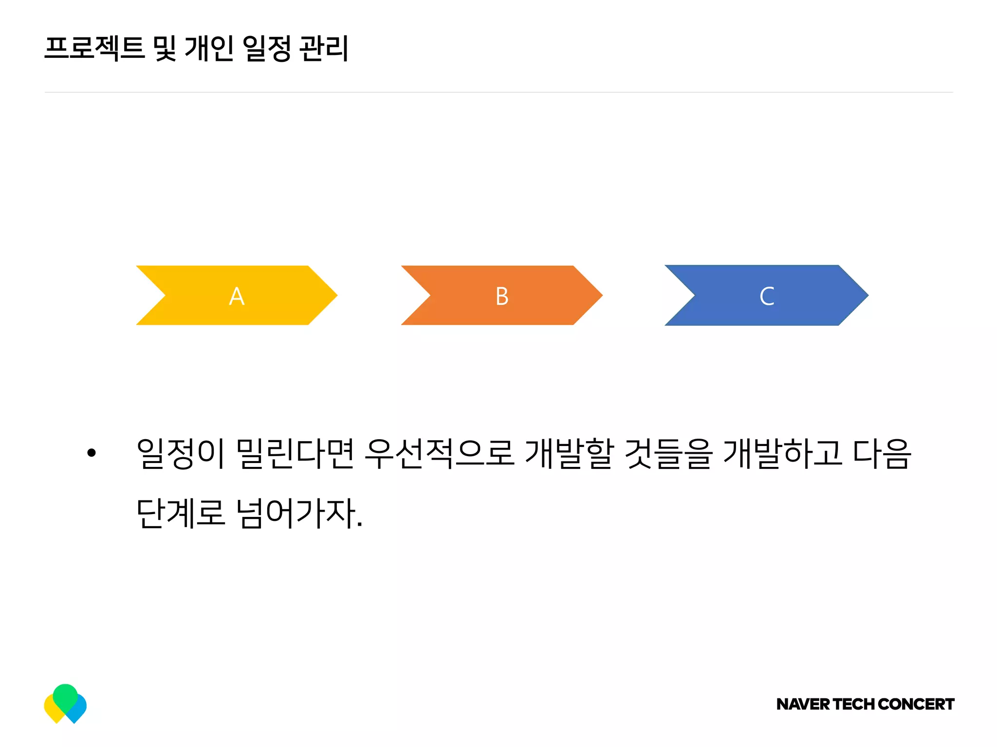 프로젝트 및 개인 일정 관리
A B C
• 일정이 밀린다면 우선적으로 개발할 것들을 개발하고 다음
단계로 넘어가자.
 