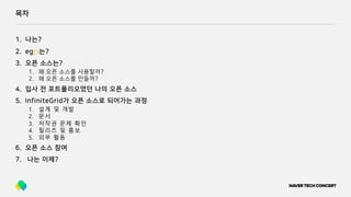 목차
1. 나는?
2. egjs는?
3. 오픈 소스는?
1. 왜 오픈 소스를 사용할까?
2. 왜 오픈 소스를 만들까?
4. 입사 전 포트폴리오였던 나의 오픈 소스
5. InfiniteGrid가 오픈 소스로 되어가는 과정
1. 설계 및 개발
2. 문서
3. 저작권 문제 확인
4. 릴리즈 및 홍보
5. 외부 활동
6. 오픈 소스 참여
7. 나는 이제?
 