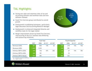 TAL Highlights
        Strong new sales and retention rates of tax and                                                   Law &
        accounting software and workflow tools and new                                                   Business
                                                                                      Tax and
        software releases                                                            Accounting
                                                                                                           41%

        Small Firm Services group contributed to overall                                59%
        growth
        Good growth in publishing businesses, particularly
        legal education and Accounting Research Manager
        Good growth in enhanced integrated libraries and
        workflow tools for the legal market
        Margin improvement driven by Small Firm Services,
        restructuring of the U.K. business and offshoring
        and outsourcing initiatives.

                                                          Full Year                               Fourth Quarter
                                                 2007    2006    ∆% CC1     ∆% OG2       2007       2006       ∆% CC1      ∆% OG2
Revenue (EUR)                                     881     826         14%      6%          228        218           15%           15%
Revenue (USD)                                    1,205   1,035                             330        281
Ordinary EBITA (EUR)                              197     146         47%     28%           41         27           74%           78%
Ordinary EBITA (USD)                              269     181                               61         35
Ordinary EBITA Margin                             22%     18%                              18%        12%
1   CC - Constant currencies at EUR/USD = 1.26
2   OG – Organic Growth




                                                                                                  February 27, 2008 - Amsterdam         16
 