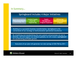 In Summary…

         Springboard includes 4 Major Initiatives
                      Content Supply          Supply           Offshoring:
 Multi-Generational
                        Chain Re-          Management       Increase Scope of
  Technology Plan
                       Engineering      Program Expansion        program



 Building on a successful business transformation, Springboard is the
 cornerstone of our strategy to institutionalize operational excellence.

 By simplifying and standardizing the core systems and processes we use to
 develop, sell and support our products globally we will create a springboard
 for accelerating profitable growth.


    Execution of our plan will generate run rate savings of €50-75M by 2011




                                                             February 27, 2008 - Amsterdam   44
 