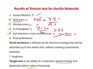Results of Tension test for ductile Materials
1. Young’s Modulus ‘E’
2. Yield stress
3. Ultimate stress
4. % of elongation
5. %of reduction in cross sectional area
6. Proof of Resilience
Proof resilience is defined as the maximum energy that can be
absorbed up to the elastic limit, without creating a permanent
distortion.
7. Toughness
Toughness is the ability of a material to absorb energy and
plastically deform without fracturing
 