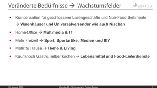 →
▪ Kompensation für geschlossene Ladengeschäfte und Non-Food Sortimente
→ Warenhäuser und Universalversender wie auch Nischen
▪ Home-Office → Multimedia & IT
▪ Mehr Freizeit → Sport, Sportartikel, Medien und DIY
▪ Mehr zu Hause → Home & Living
▪ Kaum noch Gastro, selber kochen → Lebensmittel und Food-Lieferdienste
 