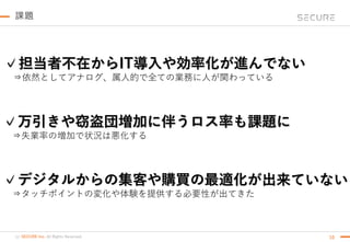 (c) SECURE Inc. All Rights Reserved.
課題
10
✓担当者不在からIT導入や効率化が進んでない
⇒依然としてアナログ、属人的で全ての業務に人が関わっている
✓万引きや窃盗団増加に伴うロス率も課題に
⇒失業率の増加で状況は悪化する
✓デジタルからの集客や購買の最適化が出来ていない
⇒タッチポイントの変化や体験を提供する必要性が出てきた
 