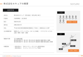 (c) SECURE Inc. All Rights Reserved.
株式会社セキュアの概要
4
会社名 株式会社セキュア（英文表記：SECURE, INC.）
代表者 代表取締役 谷口辰成
設立 2002年10月
資本金 2億9,400万円
本社 〒163-0220 東京都新宿区西新宿二丁目6-1 新宿住友ビル20F
主な事業内容 物理セキュリティシステム・AI（人工知能）・クラウドサービスの
企画・開発・販売・運営
事業許可等 【一般建設業】
東京都知事許可（般-30）第141014号 建設業の種類 電気工事業
東京都知事許可（般-30）第141014号 建設業の種類 電気通信工事業
所属団体 一般社団法人 日本コンピュータシステム販売店協会
一般社団法人 コンピュータソフトウェア協会
基礎情報
社員数
拠点
全国：4拠点
大阪
福岡
東京
福島
社員数：103名
(c)2020 SECURE Inc. All Rights Reserved.
 