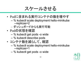 スケールさせる
• Podに含まれる実行コンテナの数を増やす
– % kubectl scale deployment hello-minikube
--replicas=2
– ダッシュボードからも実行可能
• Podの状態を確認
– % kubectl get pods -o wide
– % kubectl describe pods
• コンテナ数を減らして、確認
– % kubectl scale deployment hello-minikube
--replicas=1
– % kubectl get pods -o wide
32
 