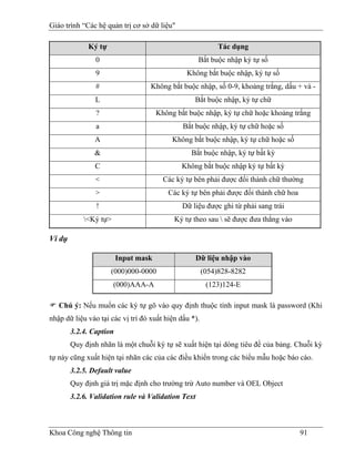 Giáo trình “Các hệ quản trị cơ sở dữ liệu"

             Ký tự                                          Tác dụng
                0                                   Bắt buộc nhập ký tự số
                9                              Không bắt buộc nhập, ký tự số
                #                  Không bắt buộc nhập, số 0-9, khoảng trắng, dấu + và -
                L                                 Bắt buộc nhập, ký tự chữ
                ?                     Không bắt buộc nhập, ký tự chữ hoặc khoảng trắng
                a                             Bắt buộc nhập, ký tự chữ hoặc số
                A                          Không bắt buộc nhập, ký tự chữ hoặc số
                &                                Bắt buộc nhập, ký tự bất kỳ
                C                             Không bắt buộc nhập ký tự bất kỳ
                <                       Các ký tự bên phải được đổi thành chữ thường
                >                        Các ký tự bên phải được đổi thành chữ hoa
                !                             Dữ liệu được ghi từ phải sang trái
            <Ký tự>                       Ký tự theo sau  sẽ được đưa thẳng vào

Ví dụ

                         Input mask                 Dữ liệu nhập vào
                     (000)000-0000                     (054)828-8282
                       (000)AAA-A                       (123)124-E

   Chú ý: Nếu muốn các ký tự gõ vào quy định thuộc tính input mask là password (Khi
nhập dữ liệu vào tại các vị trí đó xuất hiện dấu *).
        3.2.4. Caption
        Quy định nhãn là một chuỗi ký tự sẽ xuất hiện tại dòng tiêu đề của bảng. Chuỗi ký
tự này cũng xuất hiện tại nhãn các của các điều khiển trong các biểu mẫu hoặc báo cáo.
        3.2.5. Default value
        Quy định giá trị mặc định cho trường trừ Auto number và OEL Object
        3.2.6. Validation rule và Validation Text



Khoa Công nghệ Thông tin                                                             91
 