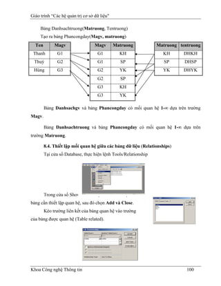 Giáo trình “Các hệ quản trị cơ sở dữ liệu"

     Bảng Danhsachtruong(Matruong, Tentruong)
     Tạo ra bảng Phancongday(Magv, matruong)
  Ten        Magv                 Magv       Matruong            Matruong tentruong
 Thanh         G1                  G1          KH                  KH       DHKH
 Thuý          G2                  G1          SP                   SP      DHSP
 Hùng          G3                  G2          YK                  YK       DHYK
                                   G2          SP
                                   G3          KH
                                   G3          YK

        Bảng Danhsachgv và bảng Phancongday có mối quan hệ 1-∞ dựa trên trường
Magv.

        Bảng Danhsachtruong và bảng Phancongday có mối quan hệ 1-∞ dựa trên
trường Matruong.

        8.4. Thiết lập mối quan hệ giữa các bảng dữ liệu (Relationships)
        Tại cửa sổ Database, thực hiện lệnh Tools/Relationship




        Trong cửa sổ Show Table chọn Table và chọn các
bảng cần thiết lập quan hệ, sau đó chọn Add và Close.
        Kéo trường liên kết của bảng quan hệ vào trường
của bảng được quan hệ (Table related).




Khoa Công nghệ Thông tin                                                     100
 
