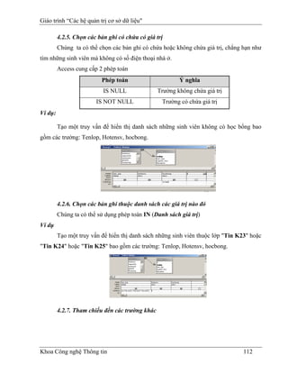 Giáo trình “Các hệ quản trị cơ sở dữ liệu"

         4.2.5. Chọn các bản ghi có chứa có giá trị
         Chúng ta có thể chọn các bản ghi có chứa hoặc không chứa giá trị, chẳng hạn như
tìm những sinh viên mà không có số điện thoại nhà ở.
         Access cung cấp 2 phép toán
                          Phép toán                      Ý nghĩa
                           IS NULL               Trường không chứa giá trị
                        IS NOT NULL               Trường có chứa giá trị
Ví dụ:

         Tạo một truy vấn để hiển thị danh sách những sinh viên không có học bổng bao
gồm các trường: Tenlop, Hotensv, hocbong.




         4.2.6. Chọn các bản ghi thuộc danh sách các giá trị nào đó
         Chúng ta có thể sử dụng phép toán IN (Danh sách giá trị)
Ví dụ
         Tạo một truy vấn để hiển thị danh sách những sinh viên thuộc lớp "Tin K23" hoặc
"Tin K24" hoặc "Tin K25" bao gồm các trường: Tenlop, Hotensv, hocbong.




         4.2.7. Tham chiếu đến các trường khác




Khoa Công nghệ Thông tin                                                         112
 