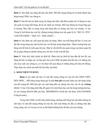 Giáo trình “Các hệ quản trị cơ sở dữ liệu"

Bước 2: Xác định các bảng dữ liệu cần thiết. Mỗi đối tượng thông tin sẽ hình thành một
bảng trong CSDL của chúng ta.

Bước 3: Sau khi đã xác định xong các bảng cần thiết, tiếp đến ta phải chỉ rõ thông tin nào
cần quản lý trong mỗi bảng, đó là xác định các trường. Mỗi loại thông tin trong bảng gọi
là trường. Mọi mẫu in trong cùng một bảng đều có chung cấu trúc các trường. Ví dụ:
Trong lý lịch khoa học cán bộ, những trường (thông tin) cần quản lý là: “HỌ VÀ TÊN”,
“CHUYÊN MÔN”, “HỌC VỊ”, “HỌC HÀM”,...

Bước 4: Xác định các mối quan hệ giữa các bảng. Nhìn vào mỗi bảng dữ liệu và xem xét
dữ liệu trong bảng này liên hệ thế nào với dữ liệu trong bảng khác. Thêm trướng hoặc tạo
bảng mới để làm rõ mối quan hệ này. Đây là vấn đề hết sức quan trọng, tạo được quan hệ
tốt sẽ giúp chúng ta nhanh chóng truy tìm tìm và kết xuất dữ liệu.

Bước 5: Tinh chế, hiệu chỉnh lại thiết kế. Phân tích lại thiết kế ban đầu để tim lỗi, tạo
bảng dữ liệu và nhập vào vài bản ghi, thử xem CSDL đó phản ánh thế nào với những yêu
cầu truy xuất của chúng ta, có rút được kết quả đúng từ những bảng dữ liệu đó không.
Thực hiện các chỉnh sửa thiết kế nếu thấy cần thiết.

2. KHÁI NIỆM VỀ BẢNG

       Bảng là nơi chứa dữ liệu về một đối tượng thông tin nào đó như SINH VIÊN,
HÓA ĐƠN,... Mỗi hàng trong bảng gọi là một bản ghi (record) chứa các nội dung riêng
của đối tượng đó. Mỗi bản ghi của một bảng đều có chung cấu trúc, tức là các trường
(field). Ví dụ: Cho bảng dưới đây để quản lý lý lịch khoa học cán bộ trong trường đại học,
có các trường MACB (Mã cán bộ), TRINHDOVH (Trình độ văn hóa), CHUYENMON
(Chuyên môn),...

       Trong một CSDL có thể chứa nhiều bảng, thường mỗi bảng lưu trữ nhiều thông tin
(dữ liệu) về một đối tượng thông tin nào đó, mỗi một thông tin đều có những kiểu đặc
trưng riêng, mà với Access nó sẽ cụ thể thành những kiểu dữ liệu của các trường.




Khoa Công nghệ Thông tin                                                           83
 