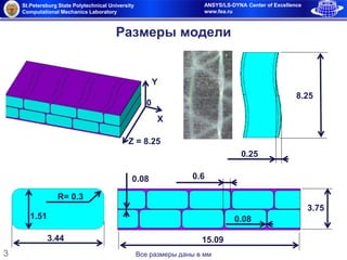 St.Petersburg State Polytechnical University
Computational Mechanics Laboratory
ANSYS/LS-DYNA Center of Excellence
www.fea.ru
3
Размеры модели
15.09
3.75
0.60.08
0.08
8.25
0.25
3.44
1.51
R= 0.3
Z = 8.25
X
Y
0
Все размеры даны в мм
 
