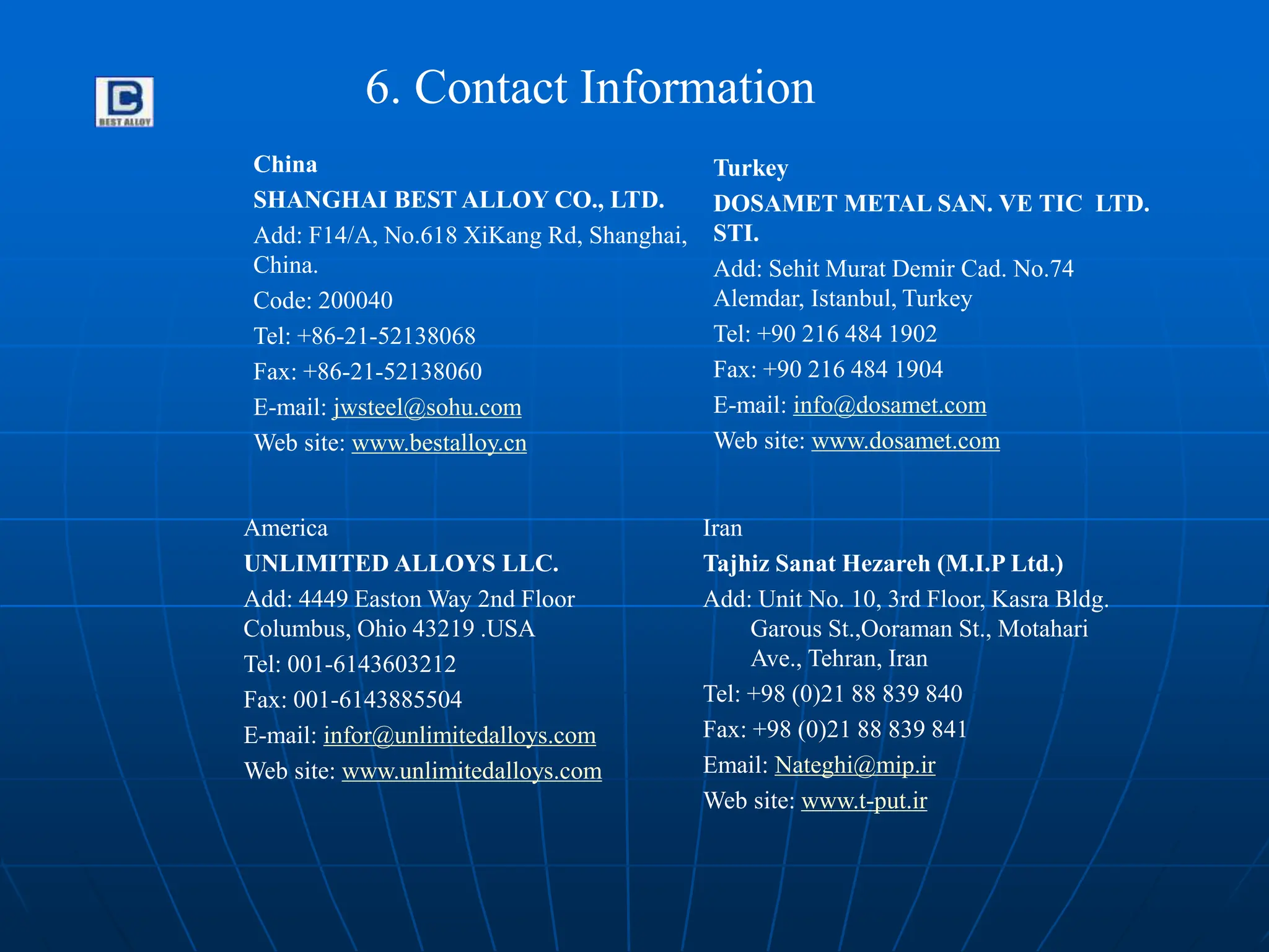 6. Contact Information
China
SHANGHAI BEST ALLOY CO., LTD.
Add: F14/A, No.618 XiKang Rd, Shanghai,
China.
Code: 200040
Tel: +86-21-52138068
Fax: +86-21-52138060
E-mail: jwsteel@sohu.com
Web site: www.bestalloy.cn
Turkey
DOSAMET METAL SAN. VE TIC LTD.
STI.
Add: Sehit Murat Demir Cad. No.74
Alemdar, Istanbul, Turkey
Tel: +90 216 484 1902
Fax: +90 216 484 1904
E-mail: info@dosamet.com
Web site: www.dosamet.com
America
UNLIMITED ALLOYS LLC.
Add: 4449 Easton Way 2nd Floor
Columbus, Ohio 43219 .USA
Tel: 001-6143603212
Fax: 001-6143885504
E-mail: infor@unlimitedalloys.com
Web site: www.unlimitedalloys.com
Iran
Tajhiz Sanat Hezareh (M.I.P Ltd.)
Add: Unit No. 10, 3rd Floor, Kasra Bldg.
Garous St.,Ooraman St., Motahari
Ave., Tehran, Iran
Tel: +98 (0)21 88 839 840
Fax: +98 (0)21 88 839 841
Email: Nateghi@mip.ir
Web site: www.t-put.ir
 