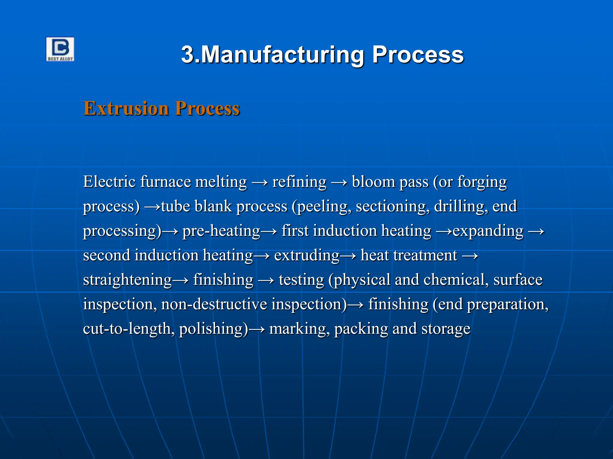 3.Manufacturing Process
Extrusion Process
Electric furnace melting → refining → bloom pass (or forging
process) →tube blank process (peeling, sectioning, drilling, end
processing)→ pre-heating→ first induction heating →expanding →
second induction heating→ extruding→ heat treatment →
straightening→ finishing → testing (physical and chemical, surface
inspection, non-destructive inspection)→ finishing (end preparation,
cut-to-length, polishing)→ marking, packing and storage
 