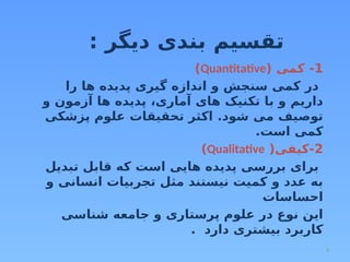 9
: ‫دیگر‬ ‫بندی‬ ‫تقسیم‬
1
( ‫کمی‬ -
Quantitative
)
‫را‬ ‫ها‬ ‫پدیده‬ ‫گیری‬ ‫اندازه‬ ‫و‬ ‫سنجش‬ ‫کمی‬ ‫در‬
‫و‬ ‫آزمون‬ ‫ها‬ ‫پدیده‬ ،‫آماری‬ ‫های‬ ‫تکنیک‬ ‫با‬ ‫و‬ ‫داریم‬
‫پزشکی‬ ‫علوم‬ ‫تحقیقات‬ ‫اکثر‬ .‫شود‬ ‫می‬ ‫توصیف‬
.‫است‬ ‫کمی‬
2
(‫کیفی‬-
Qualitative
)
‫تبدیل‬ ‫قابل‬ ‫که‬ ‫است‬ ‫هایی‬ ‫پدیده‬ ‫بررسی‬ ‫برای‬
‫و‬ ‫انسانی‬ ‫تجربیات‬ ‫مثل‬ ‫نیستند‬ ‫کمیت‬ ‫و‬ ‫عدد‬ ‫به‬
‫احساسات‬
‫شناسی‬ ‫جامعه‬ ‫و‬ ‫پرستاری‬ ‫علوم‬ ‫در‬ ‫نوع‬ ‫اين‬
. ‫دارد‬ ‫بیشتری‬ ‫كاربرد‬
 