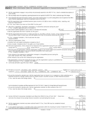 Form 990-EZ (2008)         ROTARY INT'L LYNNWOOD ROTARY CLUB                                      91-6055948                                                                                                                          Page 3
Part V               Other Information (Note the statement requirement in General Instruction V.)
                                                                                                                                                                                                                                  Yes   No

 33 Did the organization engage in any activity not previously reported to the IRS? If 'Yes,' attach a detailed description of
    each activity. . . . . . . . . . . . . . . . . . . . . . . . . . . . . . . . . . . . . . . . . . . . . . . . . . . . . . . . . . . . . . . . . . . . . . . . . . . . . . . . . . . . . . . . . . . . . . . . . . . .   33           X
 34 Were any changes made to the organizing or governing documents but not reported to the IRS? If 'Yes,' attach a conformed copy of the changes. . . . . . . . . .                                                        34           X
 35 If the organization had income from business activities, such as those reported on lines 2, 6a, and 7a (among others), but not reported on Form 990-T,
    attach a statement explaining your reason for not reporting the income on Form 990-T.

     a Did the organization have unrelated business gross income of $1,000 or more or 6033(e) notice, reporting, and
       proxy tax requirements?. . . . . . . . . . . . . . . . . . . . . . . . . . . . . . . . . . . . . . . . . . . . . . . . . . . . . . . . . . . . . . . . . . . . . . . . . . . . . . . . . . . . . . . . .            35 a         X
     b If 'Yes,' has it filed a tax return on Form 990-T for this year? . . . . . . . . . . . . . . . . . . . . . . . . . . . . . . . . . . . . . . . . . . . . . . . . . . . . . . . .                                    35 b

 36 Was there a liquidation, dissolution, termination, or substantial contraction during the year?
      If 'Yes,' complete applicable parts of Schedule N. . . . . . . . . . . . . . . . . . . . . . . . . . . . . . . . . . . . . . . . . . . . . . . . . . . . . . . . . . . . . . . . . . . 36                                         X
 37 a Enter amount of political expenditures, direct or indirect, as described in the instructions. . . . . . . . . . . . . . . . . . . G 37 a                                         0.
     b Did the organization file Form 1120-POL for this year?. . . . . . . . . . . . . . . . . . . . . . . . . . . . . . . . . . . . . . . . . . . . . . . . . . . . . . . . . . . . . .                                   37 b         X
 38 a Did the organization borrow from, or make any loans to, any officer, director, trustee, or key employee or were
      any such loans made in a prior year and still unpaid at the start of the period covered by this return?. . . . . . . . . . . . . . . . . . . .                                                                       38 a         X
     b If 'Yes,' complete Schedule L, Part II and enter the total
       amount involved . . . . . . . . . . . . . . . . . . . . . . . . . . . . . . . . . . . . . . . . . . . . . . . . . . . . . . . . . . . . . . . . . . . . .         38 b                                   N/A
 39 501(c)(7) organizations. Enter:
     a Initiation fees and capital contributions included on line 9 . . . . . . . . . . . . . . . . . . . . . . . . . . . . . . . .
                                                                   .                                                                                                     39 a                                   N/A
     b Gross receipts, included on line 9, for public use of club facilities . . . . . . . . . . . . . . . . . . . . . . . . .                                           39 b                                   N/A
 40 a 501(c)(3) organizations. Enter amount of tax imposed on the organization during the year under:
        section 4911 G                                            N/A ; section 4912 G                                                 N/A ; section 4955 G                                                  N/A
     b 501(c)(3) and (4) organizations. Did the organization engage in any section 4958 excess benefit transaction during the
       year or did it become aware of an excess benefit transaction from a prior year?
       If 'Yes,' complete Schedule L, Part I . . . . . . . . . . . . . . . . . . . . . . . . . . . . . . . . . . . . . . . . . . . . . . . . . . . . . . . . . . . . . . . . . . . . . . . . . . . . . .                   40 b         X
     c Enter amount of tax imposed on organization managers or disqualified persons during the
       year under sections 4912, 4955, and 4958 . . . . . . . . . . . . . . . . . . . . . . . . . . . . . . . . . . . . . . . . . . . . . . . . .                            G                                     0.
     d Enter amount of tax on line 40c reimbursed by the organization. . . . . . . . . . . . . . . . . . . . . . . . . . . . . .                                             G                                     0.
     e All organizations. At any time during the tax year, was the organization a party to a prohibited tax
       shelter transaction? If 'Yes,' complete Form 8886-T . . . . . . . . . . . . . . . . . . . . . . . . . . . . . . . . . . . . . . . . . . . . . . . . . . . . . . . . . . . . . . . .
                                                           .                                                                                                                                                               40 e         X
 41 List the states with which a copy of this return is filed G                          NONE



 42 a The books are in care of G    FRIENDS AND HARVEY ASSOC. INC.                                                                                                               Telephone no. G          425-670-1310
        Located at G         19721 SCRIBER LAKE RD #C, LYNNWOOD, WA                                                                        LYNNWOOD WA                                   ZIP + 4 G        98036-6119

     b At any time during the calendar year, did the organization have an interest in or a signature or other authority over a                                                                                                    Yes   No
       financial account in a foreign country (such as a bank account, securities account, or other financial account)? . . . . . . . . . . .                                                                              42 b         X
        If 'Yes,' enter the name of the foreign country:. . .                          G



        See the instructions for exceptions and filing requirements for Form TD F 90-22.1, Report of a Foreign Bank and Financial Accounts.
     c At any time during the calendar year, did the organization maintain an office outside of the U.S.? . . . . . . . . . . . . . . . . . . . . . . .                                                                    42 c         X
        If 'Yes,' enter the name of the foreign country:. . .                          G



 43 Section 4947(a)(1) nonexempt charitable trusts filing Form 990-EZ in lieu of Form 1041 ' Check here . . . . . . . . . . . . . . . . . . . . . . . .                                                                           G     N/A
        and enter the amount of tax-exempt interest received or accrued during the tax year. . . . . . . . . . . . . . . . . . . . . .                                                           G     43                               N/A
                                                                                                                                                                                                                                  Yes   No

 44 Did the organization maintain any donor advised funds? If 'Yes,' Form 990 must be completed instead
    of Form 990-EZ. . . . . . . . . . . . . . . . . . . . . . . . . . . . . . . . . . . . . . . . . . . . . . . . . . . . . . . . . . . . . . . . . . . . . . . . . . . . . . . . . . . . . . . . . . . . . . . . .        44           X
 45 Is any related organization a controlled entity of the organization within the meaning of section 512(b)(13)? If 'Yes,'
    Form 990 must be completed instead of Form 990-EZ . . . . . . . . . . . . . . . . . . . . . . . . . . . . . . . . . . . . . . . . . . . . . . . . . . . . . . . . . . . . . . 45
                                                            .                                                                                                                               X
BAA                                                              TEEA0812L 01/14/09                                                                                          Form 990-EZ (2008)
 