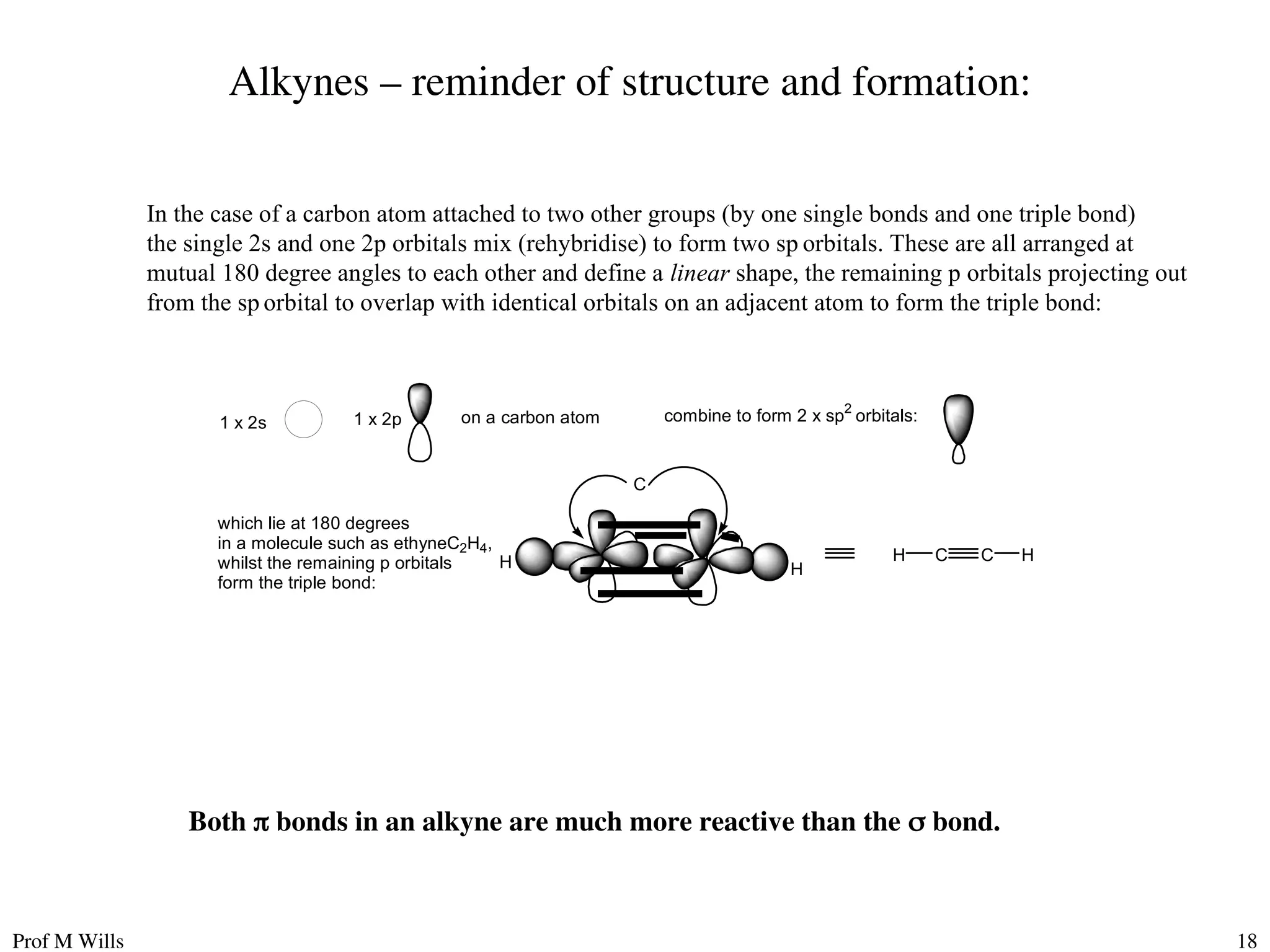 Prof M Wills 18
Alkynes – reminder of structure and formation:
In the case of a carbon atom attached to two other groups (by one single bonds and one triple bond)
the single 2s and one 2p orbitals mix (rehybridise) to form two sp orbitals. These are all arranged at
mutual 180 degree angles to each other and define a linear shape, the remaining p orbitals projecting out
from the sp orbital to overlap with identical orbitals on an adjacent atom to form the triple bond:
1 x 2s 1 x 2p
which lie at 180 degrees
in a molecule such as ethyneC2H4,
whilst the remaining p orbitals
form the triple bond:
combine to form 2 x sp2
orbitals:
on a carbon atom
C
H H
C C H
H
Both  bonds in an alkyne are much more reactive than the  bond.
 