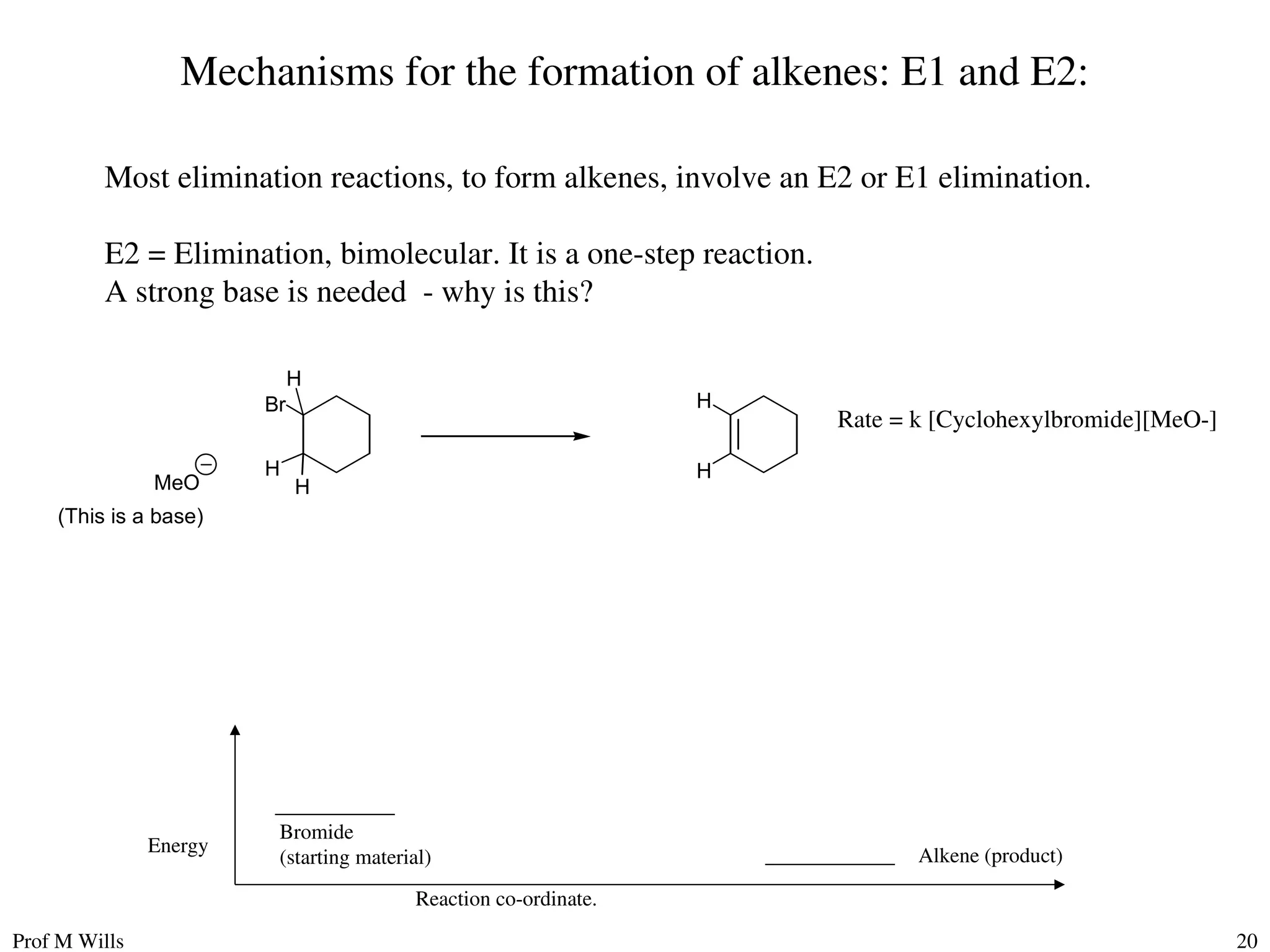 Prof M Wills 20
Mechanisms for the formation of alkenes: E1 and E2:
Most elimination reactions, to form alkenes, involve an E2 or E1 elimination.
E2 = Elimination, bimolecular. It is a one-step reaction.
A strong base is needed - why is this?
MeO
(This is a base)
H
Br
H
H
H
H
Reaction co-ordinate.
Energy
Bromide
(starting material) Alkene (product)
Rate = k [Cyclohexylbromide][MeO-]
 