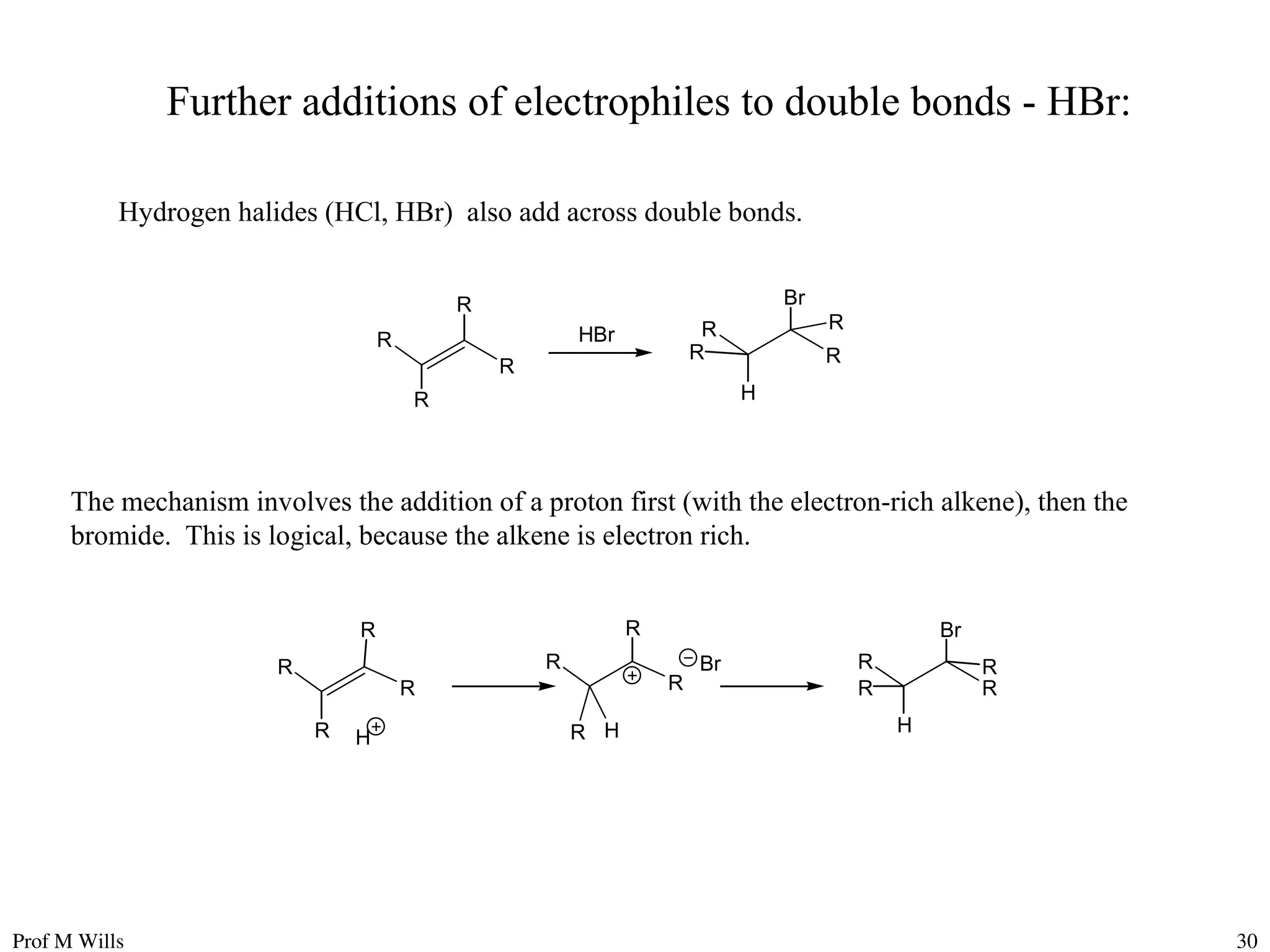 Prof M Wills 30
Further additions of electrophiles to double bonds - HBr:
Hydrogen halides (HCl, HBr) also add across double bonds.
R
HBr
R
R
R
Br
H
R
R
R
R
The mechanism involves the addition of a proton first (with the electron-rich alkene), then the
bromide. This is logical, because the alkene is electron rich.
R R
R R
Br
H
H
R
R
H
Br
R
R
R
R
R
R
 