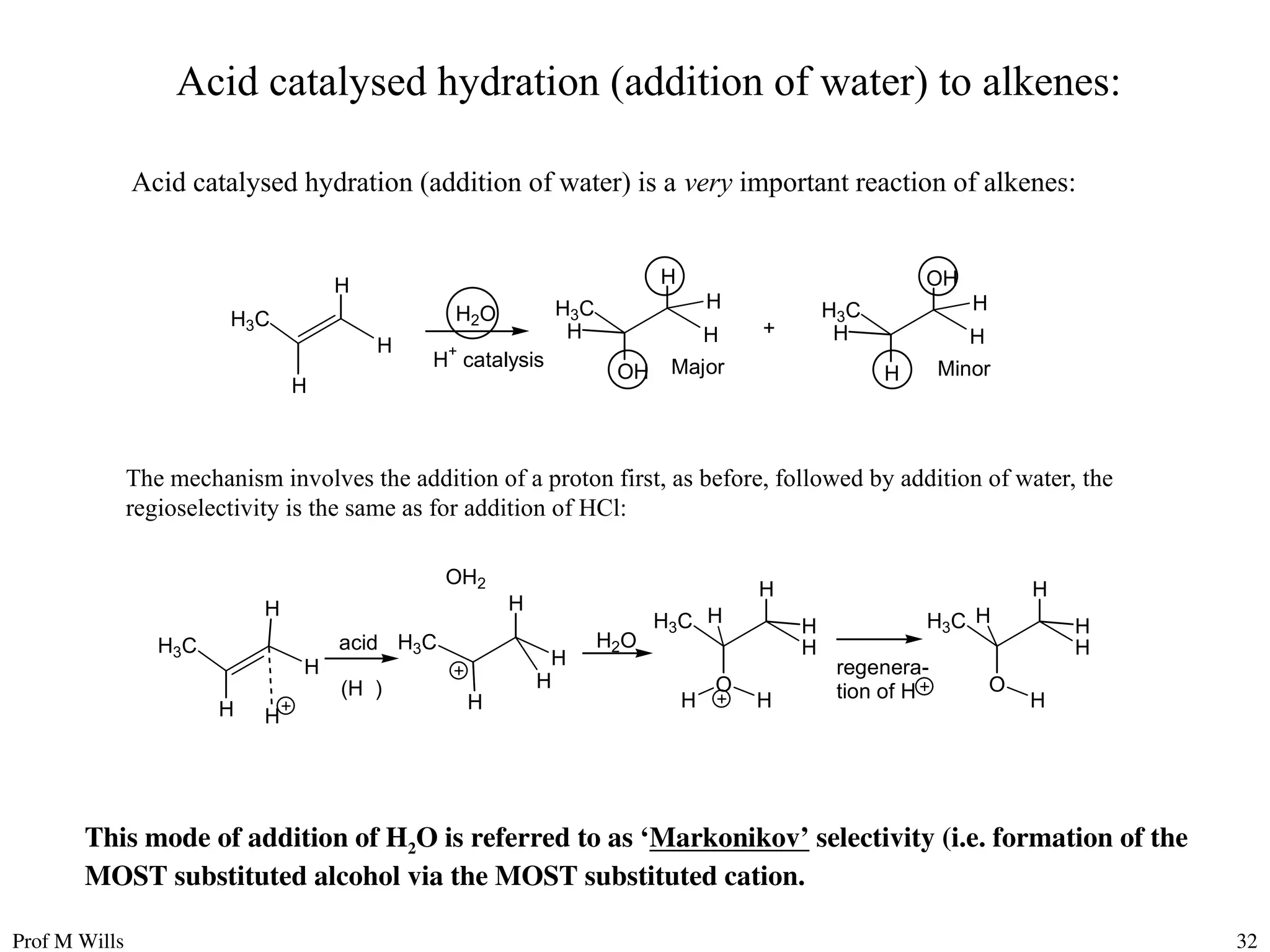 Prof M Wills 32
Acid catalysed hydration (addition of water) to alkenes:
Acid catalysed hydration (addition of water) is a very important reaction of alkenes:
H
H2O
H
H3C H3C
H
OH
H
H
H
H
Major
H
H3C
OH
H
H
H
Minor
+
H+
catalysis
The mechanism involves the addition of a proton first, as before, followed by addition of water, the
regioselectivity is the same as for addition of HCl:
H
H
H3C
H3C
H
O
H
H
H3C
H
OH2
H
H
H
H
H H
acid
H
H
H2O H
H3C
H
O
H H
H
(H )
regenera-
tion of H
This mode of addition of H2O is referred to as ‘Markonikov’ selectivity (i.e. formation of the
MOST substituted alcohol via the MOST substituted cation.
 