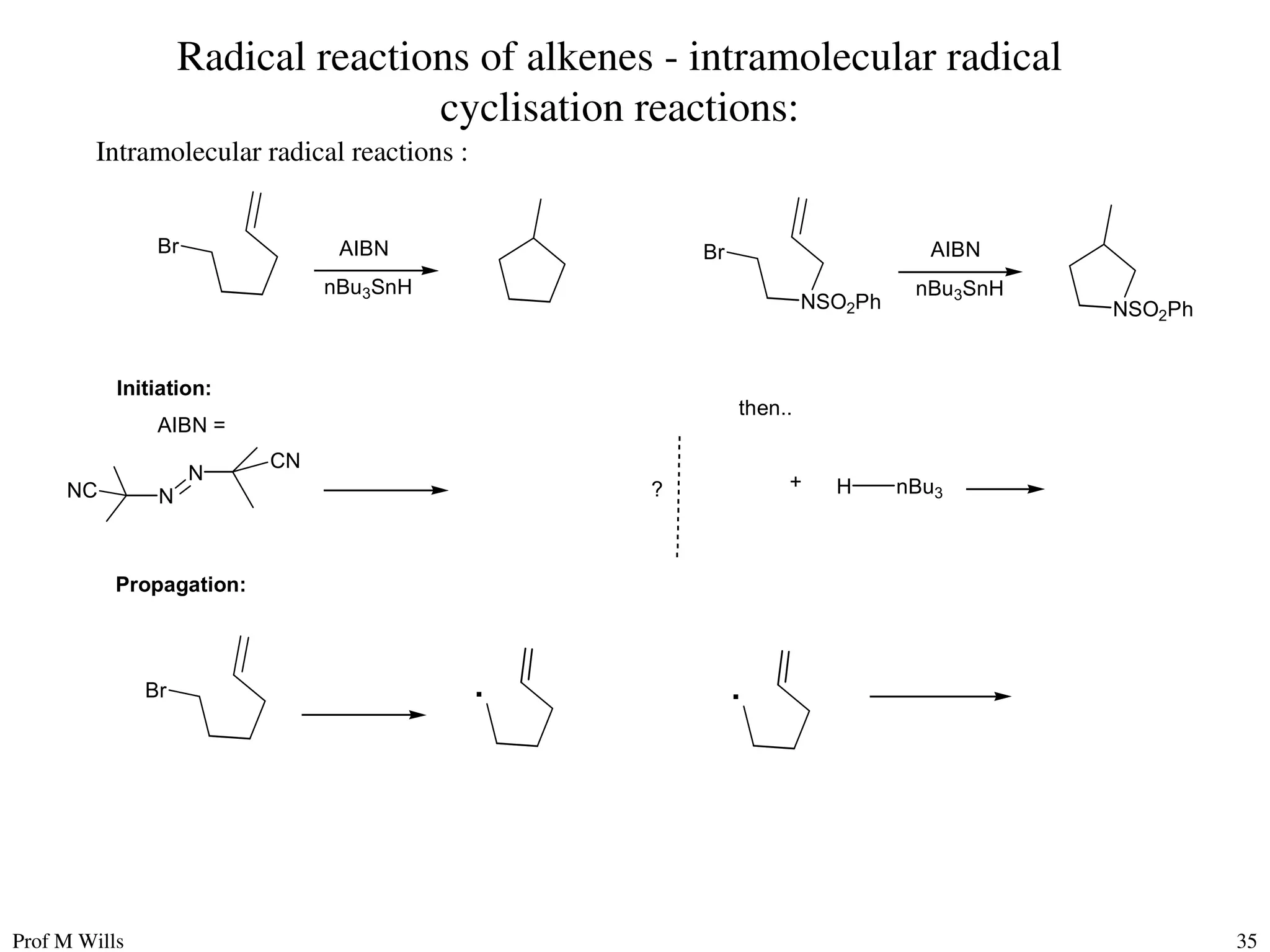 Prof M Wills 35
Radical reactions of alkenes - intramolecular radical
cyclisation reactions:
Intramolecular radical reactions :
N
AIBN =
?
Br AIBN
nBu3SnH
NSO2Ph
Br AIBN
nBu3SnH
NSO2Ph
N
CN
NC
Initiation:
Br
Propagation:
H nBu3
+
then..
. .
 