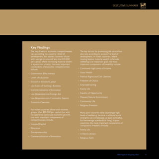 2008 Legatum Prosperity Index	 	 9
EXECUTIVE SUMMARY
Key Findings
The key drivers of economic competitiveness
vary according to a country’s level of
development. For poorer countries (those
with average incomes of less than $10,000
per capita), where increasing material wealth
is a particular priority, the most important
components of economic competitiveness
include:
Government Effectiveness•	
Levels of Education•	
Growth in Invested Capital•	
Low Costs of Starting a Business•	
Commercialisation of Innovation•	
Low Dependence on Foreign Aid•	
Low Dependence on Commodity Exports•	
Economic Openness•	
For richer countries (those with incomes
greater than $20,000 per capita) that wish
to experience continued economic growth,
the most important components of
competitiveness include:
Invested Capital•	
Education•	
Entrepreneurship•	
Commercialisation of Innovation•	
The key factors for promoting life satisfaction
also vary according to a country’s level of
development. In richer countries, where
moving beyond material wealth to broader
wellbeing is an important goal, the most
important components of liveability include:
Continued High Levels of Income•	
Good Health•	
Political Rights and Civil Liberties•	
Freedom of Choice•	
Charitable Giving•	
Family Life•	
Equality of Opportunity•	
Pleasant Natural Environment•	
Community Life•	
Religious Freedom•	
Many poor countries have surprisingly high
levels of wellbeing, because traditional social
strengths can compensate, at least somewhat,
for low average standards of living. In poor
countries, the most important components of
comparative liveability include:
Family Life•	
A Warm Climate•	
Religious Faith•	
 