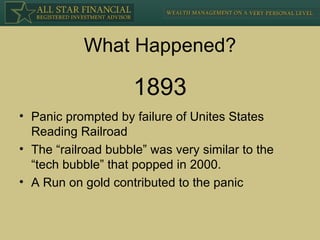 What Happened? Panic prompted by failure of Unites States Reading Railroad The “railroad bubble” was very similar to the “tech bubble” that popped in 2000. A Run on gold contributed to the panic 1893 