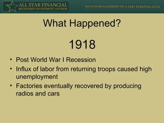 What Happened? Post World War I Recession Influx of labor from returning troops caused high unemployment Factories eventually recovered by producing radios and cars 1918 