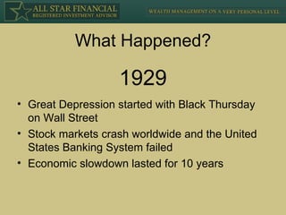 What Happened? Great Depression started with Black Thursday on Wall Street Stock markets crash worldwide and the United States Banking System failed Economic slowdown lasted for 10 years 1929 