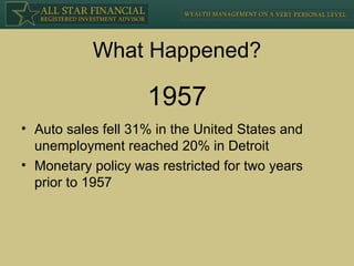 What Happened? Auto sales fell 31% in the United States and unemployment reached 20% in Detroit Monetary policy was restricted for two years prior to 1957 1957 