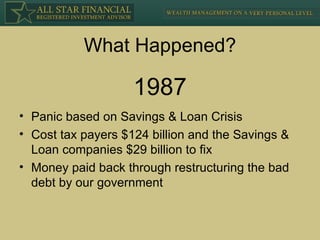 What Happened? Panic based on Savings & Loan Crisis Cost tax payers $124 billion and the Savings & Loan companies $29 billion to fix Money paid back through restructuring the bad debt by our government 1987 