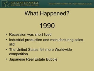 What Happened? Recession was short lived Industrial production and manufacturing sales slid The United States felt more Worldwide competition Japanese Real Estate Bubble 1990 
