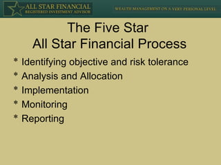 The Five Star  All Star Financial Process Identifying objective and risk tolerance Analysis and Allocation Implementation Monitoring Reporting 