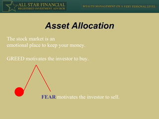GREED motivates the investor to buy. The stock market is an  emotional place to keep your money. Asset Allocation FEAR  motivates the investor to sell. 