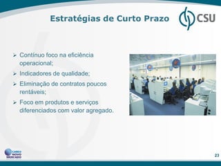 Estratégias de Curto Prazo



 Contínuo foco na eficiência
  operacional;
 Indicadores de qualidade;
 Eliminação de contratos poucos
  rentáveis;
 Foco em produtos e serviços
  diferenciados com valor agregado.




                                            23
 