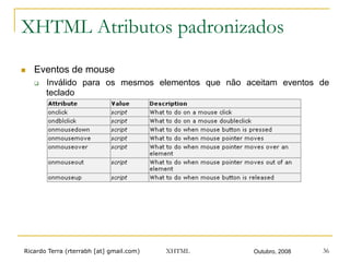 Ricardo Terra (rterrabh [at] gmail.com) Outubro, 2008XHTML 36
XHTML Atributos padronizados
n  Eventos de mouse
q  Inválido para os mesmos elementos que não aceitam eventos de
teclado
 