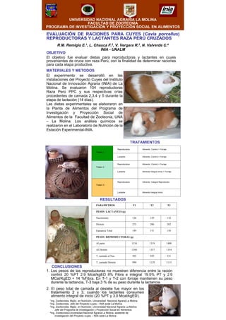UNIVERSIDAD NACIONAL AGRARIA LA MOLINA
FACULTAD DE ZOOTECNIA
PROGRAMA DE INVESTIGACIÓN Y PROYECCIÓN SOCIAL EN ALIMENTOS
EVALUACIÓN DE RACIONES PARA CUYES (EVALUACIÓN DE RACIONES PARA CUYES (CaviaCavia porcellusporcellus))
REPRODUCTORAS Y LACTANTES RAZA PERU CRUZADOSREPRODUCTORAS Y LACTANTES RAZA PERU CRUZADOS
R.M. Remigio E.1, L. Chauca F.2, V. Vergara R.3, N. Valverde C.4
INIA - UNALM
El objetivo fue evaluar dietas para reproductoras y lactantes en cuyes
provenientes de cruce con raza Perú, con la finalidad de determinar raciones
para cada etapa productiva.
OBJETIVO
MATERIALES Y METODOS
El experimento se desarrolló en las
instalaciones del Proyecto Cuyes del Instituto
Nacional de Innovación Agraria (INIA) de La
Molina. Se evaluaron 104 reproductoras
Raza Perú PPC y sus respectivas crías
procedentes de camada 2,3,4 y 5 durante la
etapa de lactación (14 días).
Las dietas experimentales se elaboraron en
la Planta de Alimentos del Programa de
Investigación y Proyección Social de
Alimentos de la Facultad de Zootecnia, UNA
– La Molina. Los análisis químicos se
realizaron en el Laboratorio de Nutrición de la
Estación Experimental-INIA.
TRATAMIENTOS
Alimento Integral ReproductorReproductora
Tratam 3
Alimento Control + ForrajeReproductora
Tratam 2
Alimento Integral inicio + ForrajeLactante
Alimento Integral InicioLactante
Alimento Control + ForrajeLactante
Alimento Control + ForrajeReproductora
Tratam 1
RESULTADOS
11151129990T. camada Destete
531529505T. camada al Nac.
135413571360Al Destete
140013191334Al parto
PESOS REPRODUCTORAS (g)
150151149Ganancia Total
282280275Destete
132129126Nacimiento
PESOS LACTANTES (g)
T3T2T1PARAMETROS
CONCLUSIONES
1. Los pesos de las reproductoras no muestran diferencia entre la ración
control 20 %PT 2.9 Mcal/kgED 8% Fibra e integral 19.5% PT y 2.9
MCal/KgED + 14 %Fibra. En T-1 y T-2 con forraje mantienen su peso
durante la lactancia, T-3 baja 3 % de su peso durante la lactancia.
2. El peso total de camada al destete fue mayor en los
tratamiento 2 y 3, cuando los lactantes consumen
alimento integral de inicio (20 %PT y 3.0 Mcal/kgED).
1Ing. Zootecnista. MgSc. en Nutrición, Universidad Nacional Agraria La Molina
2Ing. Zootecnista. Jefe del Proyecto cuyes – INIA sede La Molina.
3Ing. Zootecnista. MgSc. en Nutrición, Universidad Nacional Agraria La Molina
Jefe del Programa de Investigación y Proyección Social en Alimentos.
4Ing. Zootecnista.Universidad Nacional Agraria La Molina, asistente de
investigación del Proyecto cuyes – INIA sede La Molina
 