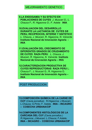 9.LA ENDOGAMIA Y SU EFECTO EN
POBLACIONES DE CUYES J. Muscari G.; L.
Chauca F.; R. Higaonna O.; F. Astete INIA
10.EVALUACION DEL DESARROLLO
DURANTE LA LACTANCIA DE CUYES 5/8
PERU, RECIPROCOS, INTERSE Y SINTETICO
L. Chauca, J. Muscari, R. Higaonna, N. Valverde
Instituto Nacional de Innovación Agraria -
INIA
11.EVALUACIÓN DEL CRECIMIENTO DE
DIFERENTES GRADOS DE CRUZAMIENTO
DE CUYES RAZA PERU L. Chauca, J.
Muscari, R. Higaonna, N. Valverde Instituto
Nacional de Innovación Agraria – INIA
12.CARACTERIZACION PRODUCTIVA DE
CUYES REPRODUCTORAS RAZA PERU L.
Chauca F.; J. Muscari G.; R. Higaonna O.
Instituto Nacional de Innovación Agraria –
INIA
13.COMPOSICIÓN QUÍMICA DE LA CARNE DE
CUY (Cavia porcellus) R.Higaonna; J.Muscari;
L.Chauca; G.Pinto; F. Astete . INIA – INCAGRO
– COSECHA URBANA/CIP
14.COMPONENTES HISTOLÓGICOS DE LA
CARCASA DEL CUY (Cavia porcellus )
R.Higaonna; J.Muscari; L.Chauca; F.Astete.
INIA – INCAGRO - COSECHA URBANA/CIP
POST PRODUCCION
MEJORAMIENTO GENETICO
 