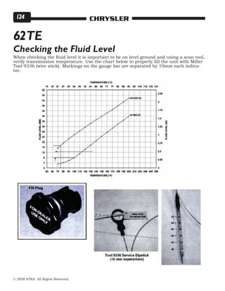 © 2008 ATRA. All Rights Reserved.
CHRYSLER124
62TE
Checking the Fluid Level
When checking the fluid level it is important to be on level ground and using a scan tool,
verify transmission temperature. Use the chart below to properly fill the unit with Miller
Tool 9336 (wire stick). Markings on the gauge bar are separated by 10mm each indica-
tor.
 