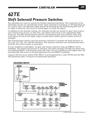 © 2008 ATRA. All Rights Reserved.
CHRYSLER 129
62TE
Shift Solenoid Pressure Switches
Six solenoids are used to control the friction elements (clutches). The continuity of the
solenoids circuits are periodically tested. Each solenoid is turned on or off depending on
its current state. An inductive spike should be detected by the PCM during this test. If
no spike is detected, the circuit is tested again to verify the failure.
In addition to the periodic testing, the solenoid circuits are tested if a gear ratio or pres-
sure switch error occurs. In this case, one failure will result in the appropriate DTC
being set. The MIL will illuminate and the transmission goes into neutral, if the DTC
is set above 35 km/h (22 mph), Limp-in mode when vehicle speed is below 35 km/h
(22mph).
The Transmission system uses five pressure switches to monitor the fluid pressure in
the L/R, 2/4, DC, LC, and OD elements. The pressure switches are continuously moni-
tored for the correct states in each gear.
If a set condition is identified, 1st gear and torque converter lock-up (EMCC) will be
inhibited. The vehicle will launch in 2nd gear and shift normally through the gears with-
out allowing EMCC. If during the same key start, the set condition is no longer valid, the
transmission will return to normal operation (1st and EMCC available).
Limp-in will not occur unless DTC P0841 is accompanied by a code P0706 and the MIL
will illuminate after 5 minutes of substituted operation.
 