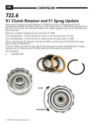 © 2008 ATRA. All Rights Reserved.
CHRYSLER154
There was a change to the K1 Retainer 52108541AA and F1 Overrunning Clutch
52108342AA during the 2005 model year. The height of the F1 ORC was increasing from
22.7mm to 24.7mm. The distance between the snap ring grooves in the K1 Retainer was
also increased.
There is a number stamped on the end of the F1 ORC
P.N. 52108342AA – “A 722 270 00 31” which is the 22.7mm max. F1 ORC
P.N. 52108342AB – “A 722 270 02 31” which is the 24.7mm max. F1 ORC
When replacing the K1 Retainer and the F1 ORC is 22.7mm (A 722 270 00 31), order
part number 52108541AA.
If the F1 ORC is 24.7mm (A 722 270 02 31) order part number 52108541AB. If replac-
ing both the K1 Retainer and F1 ORC order the AB revision level of both.
Part Numbers:
•	 52108541A$
722.6
K1 Clutch Retainer and F1 Sprag Update
 