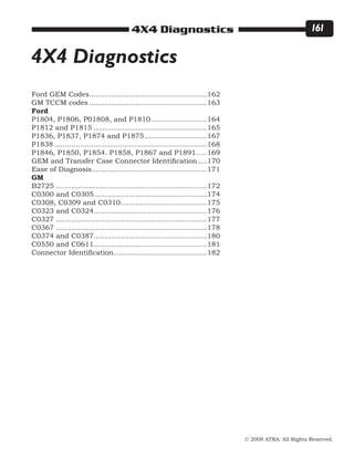 © 2008 ATRA. All Rights Reserved.
4X4 Diagnostics 161
Ford GEM Codes......................................................162
GM TCCM codes......................................................163
Ford
P1804, P1806, P01808, and P1810..........................164
P1812 and P1815....................................................165
P1836, P1837, P1874 and P1875.............................167
P1838......................................................................168
P1846, P1850, P1854. P1858, P1867 and P1891......169
GEM and Transfer Case Connector Identification.....170
Ease of Diagnosis....................................................171
GM
B2725.....................................................................172
C0300 and C0305....................................................174
C0308, C0309 and C0310.......................................175
C0323 and C0324....................................................176
C0327.....................................................................177
C0367.....................................................................178
C0374 and C0387....................................................180
C0550 and C0611....................................................181
Connector Identification...........................................182
4X4 Diagnostics
 