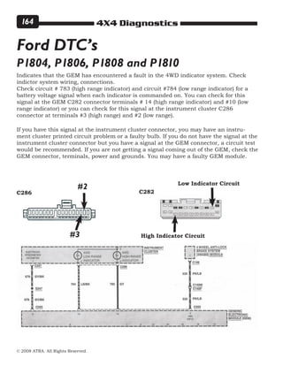 4X4 Diagnostics
© 2008 ATRA. All Rights Reserved.
164
Ford DTC’s
Indicates that the GEM has encountered a fault in the 4WD indicator system. Check
indictor system wiring, connections.
Check circuit # 783 (high range indicator) and circuit #784 (low range indicator) for a
battery voltage signal when each indicator is commanded on. You can check for this
signal at the GEM C282 connector terminals # 14 (high range indicator) and #10 (low
range indicator) or you can check for this signal at the instrument cluster C286
connector at terminals #3 (high range) and #2 (low range).
If you have this signal at the instrument cluster connector, you may have an instru-
ment cluster printed circuit problem or a faulty bulb. If you do not have the signal at the
instrument cluster connector but you have a signal at the GEM connector, a circuit test
would be recommended. If you are not getting a signal coming out of the GEM, check the
GEM connector, terminals, power and grounds. You may have a faulty GEM module.
P1804, P1806, P1808 and P1810
#2
#3
Low Indicator Circuit
High Indicator Circuit
C286 C282
 