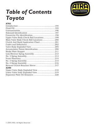 © 2008 ATRA. All Rights Reserved.
2008 TECHNICAL SEMINAR16
Table of Contents
Toyota
A761
Introduction............................................................194
Fluid Fill..................................................................195
Contamination.........................................................196
Solenoid Identification.............................................197
Connector Pin Identification.....................................198
Upper Valve Body Check Ball Locations...................199
Main Valve Body Check Ball Locations.....................200
Clutch And Band Application Chart.........................201
Codes and Definitions..............................................202
Valve Body Exploded View.......................................205
Accumulator Piston Identification............................208
Brake Plate Stopper.................................................211
Low/Reverse Sprag Assembly..................................212
No. 3 Sprag Assembly..............................................213
Front Planetary........................................................214
No. 2 Sprag Assembly..............................................215
No. 4 Sprag Assembly..............................................216
Reverse Clutch Reaction Sleeve................................217
A340
Upper Valve Body Exploded View.............................218
Lower Valve body Exploded View..............................219
Separator Plate Oil Strainers....................................220
 